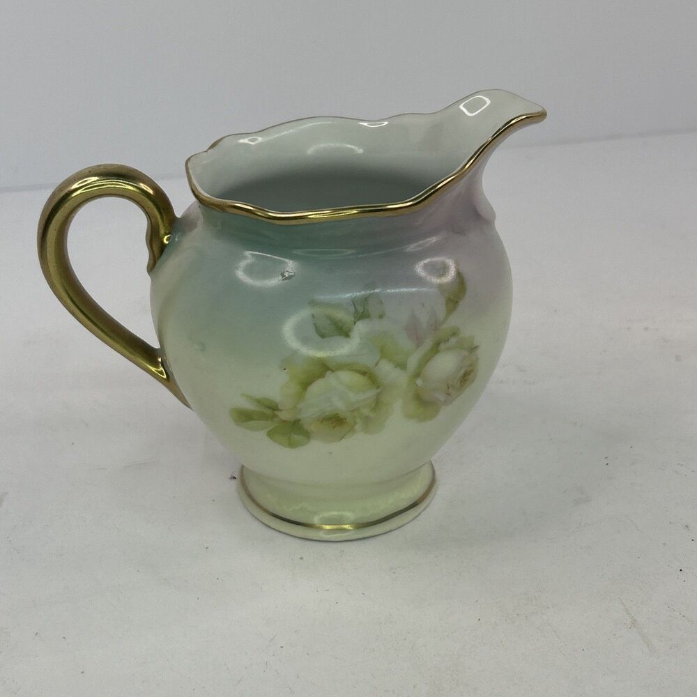 Antique Prince Regent China Bavaria Porcelain Creamer Pitcher Hand Painted Roses